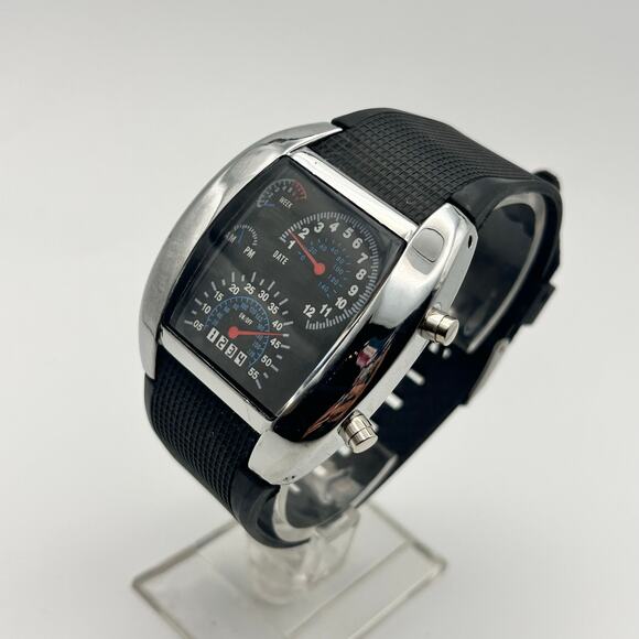 Men's Blue Binary LED Dot Matrix Date Black Rubber 43mm Fashion Sport Watch - Picture 3 of 8